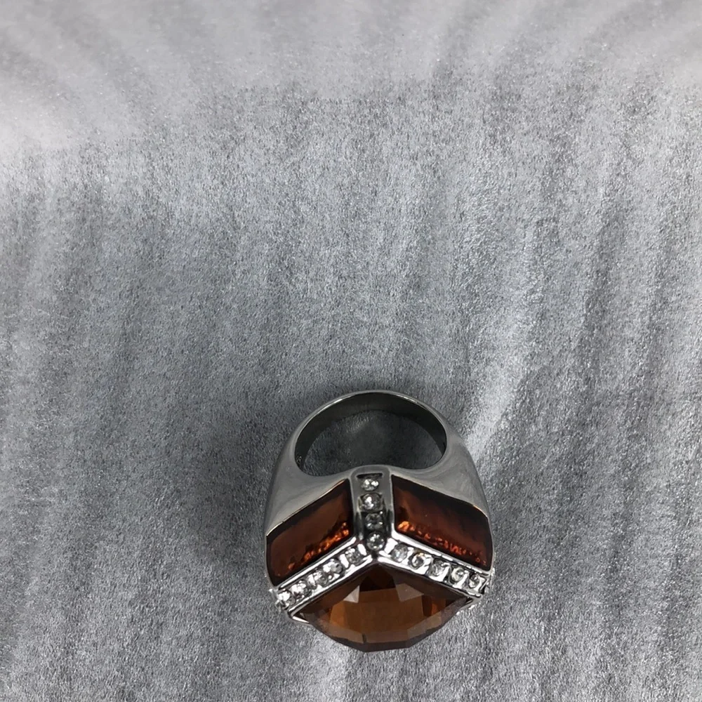 Smoky Quartz Ring Men's Size 8 Square Simulated Stones Faceted Silver Tone Band